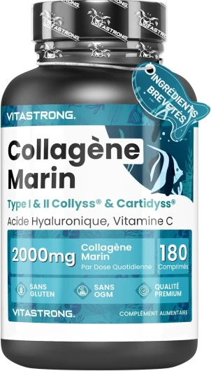 COLLAGÈNE MARIN BREVETÉ 2000mg - Type 1&2 Collyss® & Cartidyss® - 180 comprimés - Collagène marin avec acide hyaluronique - avec vitamine C - Formule efficace - Qualité supérieure - Vitastrong