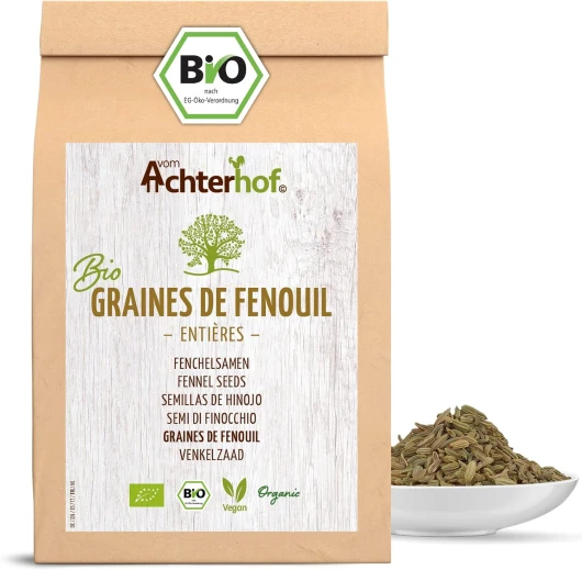 Graines de fenouil entières bio 1000g - infusion de fenouil - goût doux et sucré - idéal pour la préparation de plats de pâtes, de soufflés & d'infusions réchauffantes - vom Achterhof