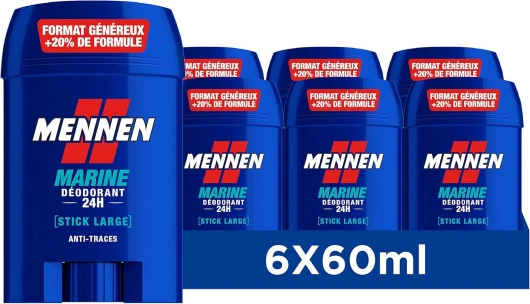 MENNEN - MARINE Deodorant Homme 24H - Stick Large - Sans Alcool - Anti-Traces - 60 ml - Lot de 6