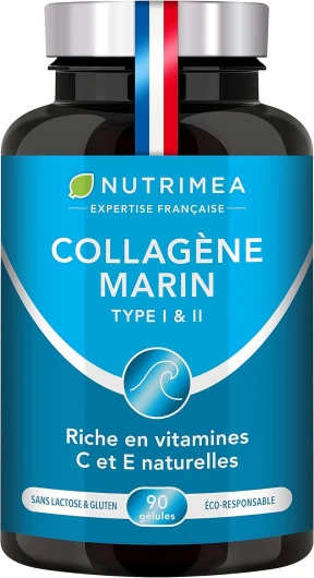 COLLAGENE MARIN - Type 1 & 2 BREVETÉ Pur et Naturel - Vitamines A, C & E Végétales - Nutrimea - Hydratation de la Peau - Protège Os et Articulations - 900 mg - 90 Gélules - Fabriqué en France