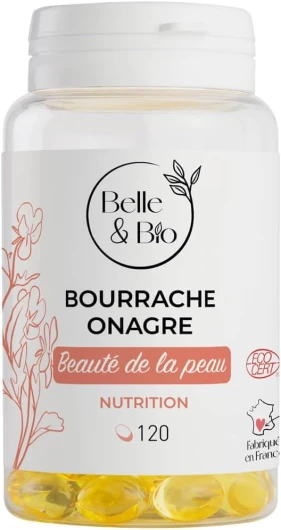 PEAU BELLE & SAINE - Riche en Oméga 6 - Bourrache Onagre Bio certifié Ecocert - 120 capsules - Cure 1 mois - Complément Alimentaire BELLE&BIO - Fabriqué en France