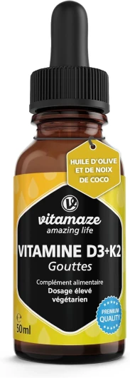 Vitamine D3 K2 Gouttes - Vitamine D 5000 UI à Forte Dose D3 + K2 Végétarien & Liquide (99,7+% All-Trans MK-7), 50 ml (1700 Gouttes), Haute Biodisponibilité, Pas d'Additifs Inutiles