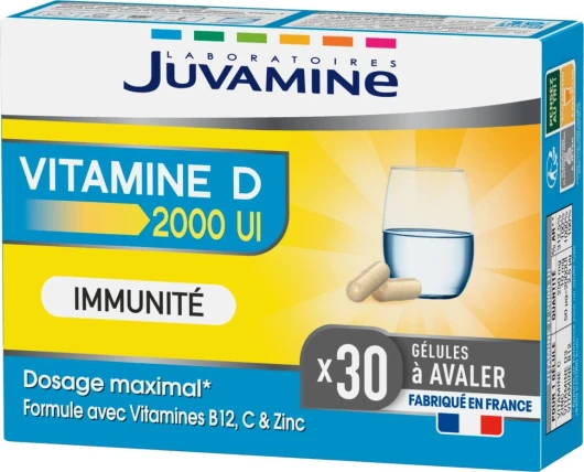 Vitamine D 2000 UI, Immunité, Vitalité, Vitamine B12, Vitamine C, Vitamine D3 Et Zinc, Programme de 1 Mois, 30 Gélules, Fabriqué en France