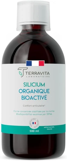 SILICIUM Organique Bio-Activé - Articulations, Peau, Cheveux et Ongles - Acide Orthosilicique Stabilisé par la Choline - 500 ml Liquide - Arôme Naturel Orange - 100% Vegan - Made in France - Terravita