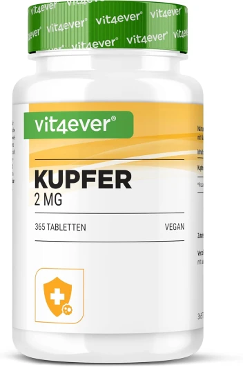 Cuivre - 365 comprimés de 2 mg - 1 an d'approvisionnement - Haute biodisponibilité - Gluconate de cuivre - Hautement dosé - Végétalien - Sans substances indésirables.