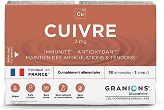 ® CUIVRE 2 mg - 30 ampoules = 15 jours - Immunité - Antioxydant - Maintien des articulations et tendons - 2 mg de Cuivre - Made in France