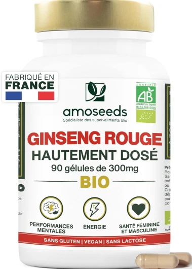 Panax Ginseng Rouge BIO de Corée - Extra Fort 900mg / jour - Énergie, Vigueur, Anti-stress, Concentration - 90 gélules de 300mg - Qualité Supérieure