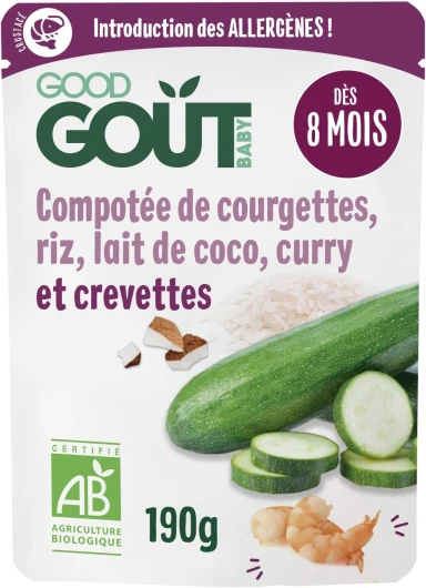 GOOD GOÛT - Compotée de courgettes, riz, lait de coco, curry et crevette - Plat Cuisiné Pour Bébé - Introduction des allergènes - Dès 8 Mois - Purée Moulinée - Fabriqué En France - 190g