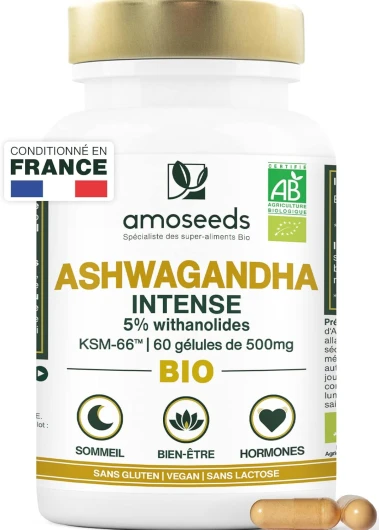 Ashwagandha BIO Breveté KSM-66™ - Extra Fort : 5% withanolides - Stress, Sommeil, Énergie, Bien-Être - 60 gélules vegan de 500mg - Qualité Supérieure