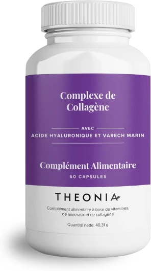 Complexe de collagène Theonia 60 capsules, acide hyaluronique et varech marin, vitamine E, C, biotine, ongles sains, peau, métabolisme des articulations des cheveux, supplément marin de type 1