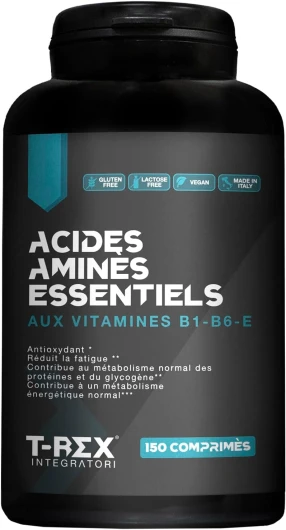 EAA Essential Amino Acids - avec mélange de vitamines B1, B6 et E - Supplément Végétalien d'Acides Aminés Essentiel Naturels Obtenus par Fermentation - T-Rex Integratori (Comprimés)