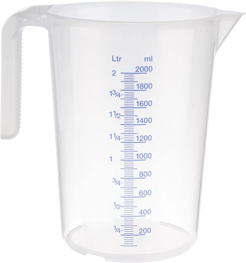 APS Verre doseur de 2 litres, diamètre 15 x hauteur 20,5 cm, tasse en plastique avec échelle de mesure en relief à l'extérieur, poignée ouverte, division L/ml, passe au lave-vaisselle