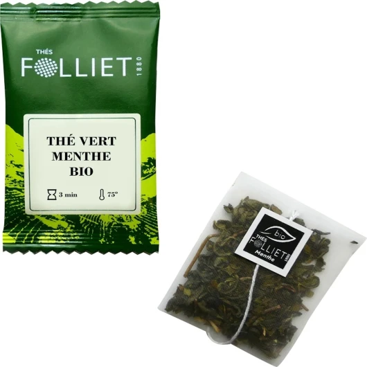 CAFÉS FOLLIET - Thé Vert Menthe Bio - Menthe Douce - Désaltérant & Antioxydant - Arômes Naturels - Sachet Individuel - 24 Sachets