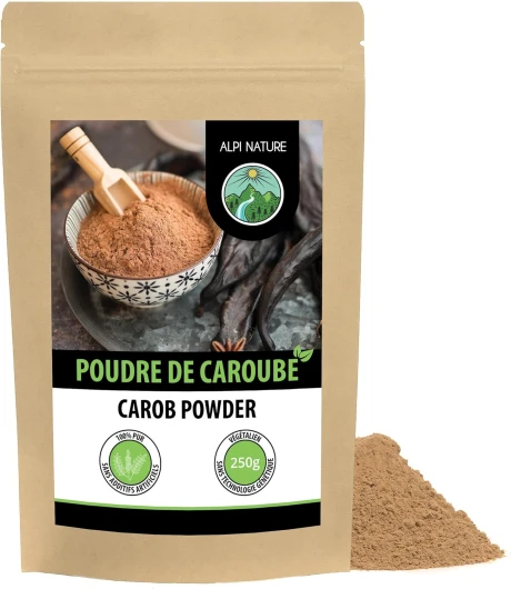 Poudre de Caroube 250g d'Alpi Nature, Gousses de Caroube Séchées et Moulues, Édulcorant Naturel pour Pâtisseries, Desserts et Chocolat à la Caroube, Farine de Caroube, Poudre de Caroube Noire