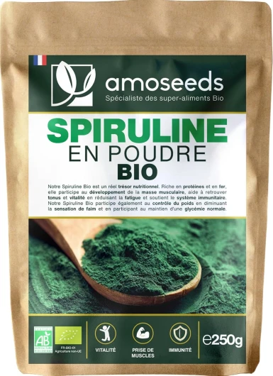 Spiruline en poudre BIO 250G - Naturelle et Pure - Riche en protéines, fer - Énergie, Sport, Immunité - Sans OGM, sans Conservateurs - Qualité Supérieure