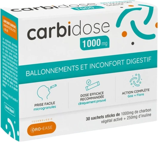 Carbidose Charbon Végétal Actif Hautement Dosé - 1 Sachet = 1000mg + 250g d'Inuline - Action Ciblée BREVETÉE - Complément Alimentaire Ballonnements, Ingrédients Naturels - Boite de 30 Sticks