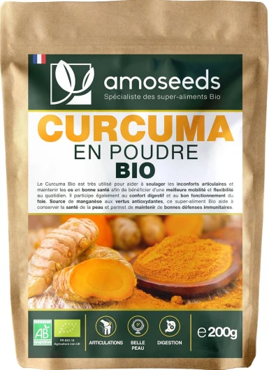 Curcuma en Poudre Bio 200G - 3% Curcumine - Articulations, Mobilité, Digestion, Peau - Qualité Supérieure