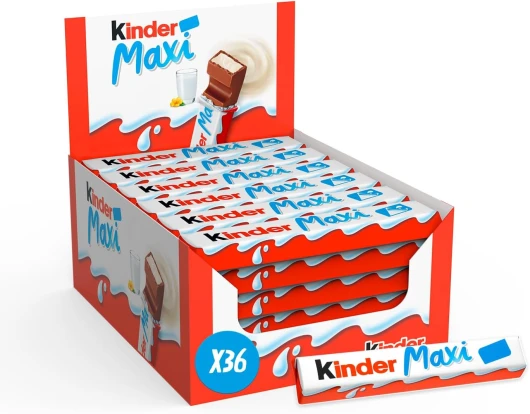 Maxi - Barre Chocolatée au Cœur de Lait fondant Enrobé de Chocolat Kinder - Goûter Fondant et Gourmand - Format Familial - 36 Barres