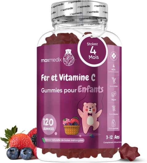 Gummies Fer avec Vitamine C - 120 Gummies Vitamine Enfant (4mois) de 3 à 12 ans - Gummies Enfant Vitamine C Acide Ascorbique & Fer Sans Allergènes - Cure Vitamine Fatigue, Os, Croissance & Immunité