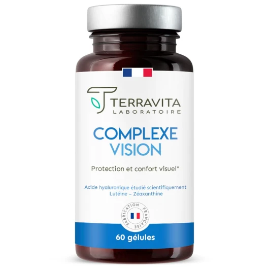 COMPLEXE VISION - Complément Alimentaire Yeux Secs et Fatigués - Acide Hyaluronique Breveté, Lutéine, Zéaxanthine, Myrtille, Vitamines et Zinc Bisglycinate - 60 Gélules - Made in France - Terravita