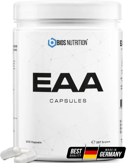 Capsules EAA hautement dosées 300 capsules avec 1200 mg d'EAA chacune (vegan) - Tous les 8 acides aminés essentiels complexes - Profil Human Code - Sans additifs - BIOS Nutrition