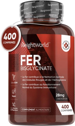 Fer Bisglycinate 28mg - 400 Fer Comprimés Vegan - Pour Fatigue, Métabolisme, Energie & Immunité (EFSA) - Fer Doux en Complément Alimentaire Adultes, Absorption Supérieure - Testé en Laboratoire