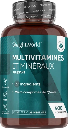 Multivitamines et Minéraux - 400 Comprimés Vegan (+1An) Menthe Poivrée - 27 Nutriments Essentiels Vitamines A B C D E K Calcium Magnesium Zinc Fer Iode Potassium - Immunité, Fatigue, Cheveux, Peau