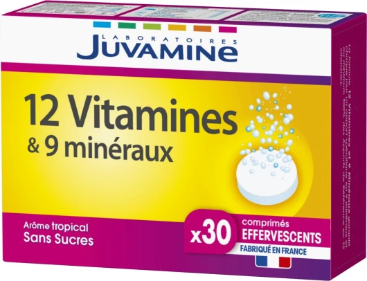 12 Vitamines & 9 Minéraux, Fatigue, Stress, Vitamines C, B2, B3, B6, B9 et Fer, Programme de 30 jours, 30 Comprimés Effervescents, Arôme tropical, Fabriqué en France