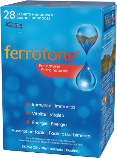 Ferrotone Eau Riche en Fer, Complément Alimentaire à Base de Fer, Saveur Originale, Votre vitalité et Immunité au Naturel, 28 Sachets de 20ml