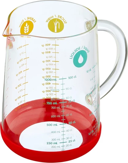 Verre Mesureur en Verre - 1L - Avec Base Silicone Antidérapante et Bec Verseur - 4 Mesures de Liquides (ml, cl, dl, L) Facilite les Conversions - Matériaux Naturels