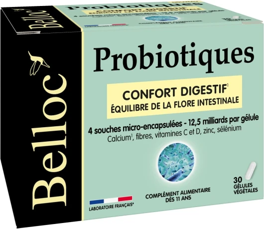 Probiotiques - Confort digestif – Equilibre de la Flore Intestinale - 4 Souches Microbiotiques - Dès 11 ans - 30 Gélules Végétales