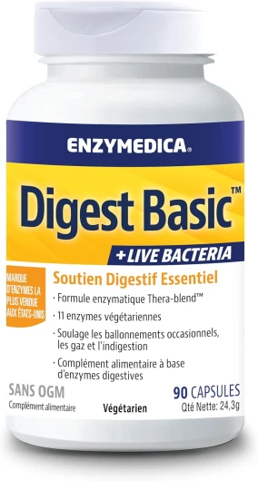 , Digest Basic + Live Bacteria, Formule Enzymatique, Réduit Les Gaz Et Les Ballonnements, Améliore L'Absorption Des Nutriments Et L'Énergie, Sans Gluten, Sans Produits Laitiers, 90 Capsules