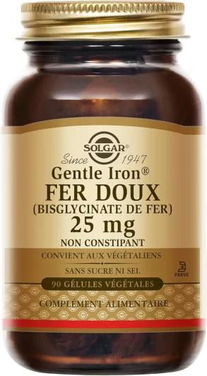 Fer doux Gentle Iron 25mg - Vitalité - Fer hautement assimilable et tolérance optimale - Non-constipant - Complément Alimentaire - Flacon de 90 gélules végétales