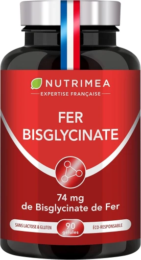 FER Bisglycinate + Vitamine C - 14 mg de Fer/Gélule - Procure 100% des Besoins Journaliers - Absorption & Biodisponibilité Maximales - Nutrimea - 90 Gélules Vegan - Fabriqué en France