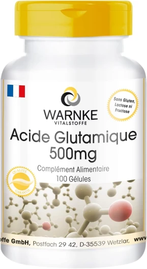 Acide Glutamique 500mg - 100 gélules - Végétarien - Substance pure sans additifs - Warnke Vitalstoffe - Qualité des pharmacies allemandes