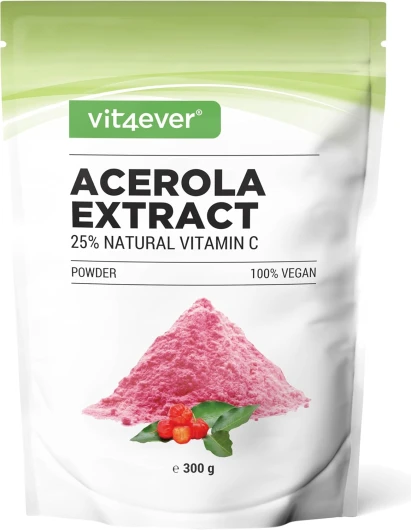 Poudre d'acérola - 300 g (approvisionnement de 6,6 mois) - Vitamine C naturelle - 200 portions quotidiennes avec 1500 mg d'extrait pur de cerise acérola - Vegan