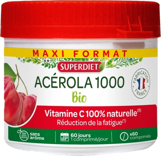 ACÉROLA 1000 BIO - Haute concentration en Vitamine C-Réduction de la fatigue -Maxi pot de 60 comprimés à croquer