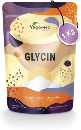 Glycine Poudre Vegavero® - 1000g (1kg) - 100% Pure, Sans Additifs et Vegan - Analysé en Laboratoire - Synthèse du Collagène & Aide au Sommeil - Avec Cuillère à Mesurer