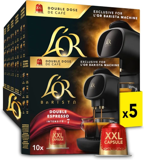 L'OR - Capsules XXL - Splendente - Intensité 7 - Torréfaction Légère - Compatibilité Exclusive L'OR BARISTA® - 5 lots de 10 capsules aluminium