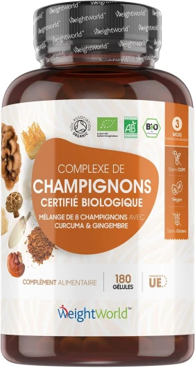 Complexe Bio 8 Champignons - 180 Gélules (3 Mois) Vegan - Reishi , Cordyceps , Chaga , Shiitake , Lions Mane, Maitake , Huître Coprin, Curcuma & Gingembre - Certifié AB