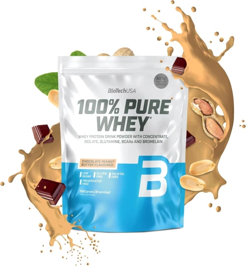 100% Pure Whey - Poudre de protéines avec BCAA et Glutamine - Sans gluten, sans huile de palme - 21g de protéines par portion, 1 kg, Chocolat-Beurre d'arachide