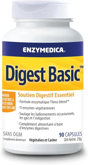 Digest Basic, formule d'enzymes essentielles, digestion douce des repas, réduit les gaz et les ballonnements, sans gluten, sans produits laitiers, 90 gélules