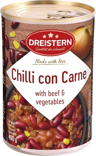 DREISTERN Chili con carne au bœuf et aux légumes - plat cuisiné - délicieux chili dans une boîte en fer recyclable - qualité qui a du goût