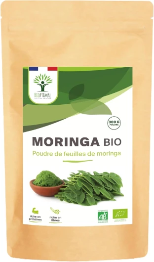 Moringa Bio - Bioptimal - En Poudre - 100% Feuille de Moringa Oleifera - Antioxydant Immunité Anti-Fatigue Cheveux - Vitamine A C E - Origine Kenya - Conditionné en France - Certifié Ecocert - 300 g