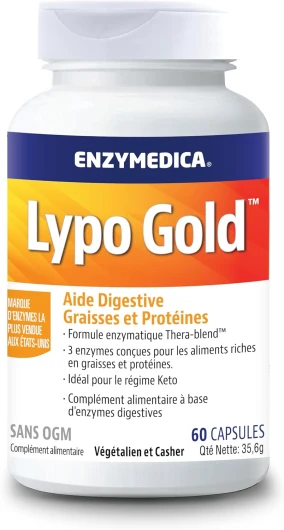 Enzymes Digestives Lypo Gold, Complément Alimentaire, Digestion Confortable, Anti Ballonnements et Ventre Gonflé, Confort Digestif, Lipase, Protéase, Amylase, Perle Digestive, 60 Capsules