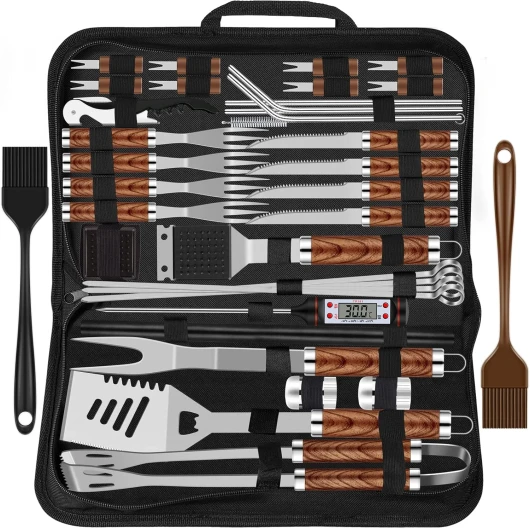 38pcs Kit Barbecue Set Accessoires de Grill en Acier Inoxydable pour Hommes,Ensemble d'Ustensiles de Grill de Haute Qualité avec Sac et Tapis pour Camping Marron