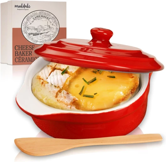 Plat de cuisson à camembert – Plat à camembert en rouge – Plat de cuisson brie avec couvercle – Cocotte – 14 cm – avec épandeur et boîte