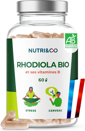 NUTRI & CO Rhodiola Rosea BIO - Extrait 100% Naturel titré en Rosavine & Salidroside + Complexe Vitamine B - Complément Alimentaire Anti Stress Naturel - 60 gélules Vegan Fabriqué en France