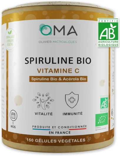 Spiruline Bio et Acérola – Complément Superaliment Naturel – Vitamine C, Fer et Protéines – Boost Énergie & Immunité – Certifié Bio, Sans Additifs – 500mg par Gélule - Fabriqué en France