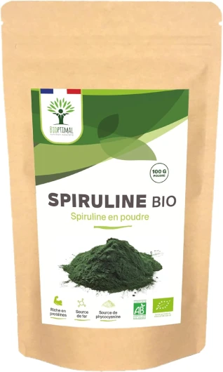 Spiruline Bio - 65% Protéines 14% BCAA 17% Phycocyanine Fer - Energie Sport Immunité - 100% Pure en Poudre - Bioptimal Marque Française -Conditionné en France - Certifié Ecocert - 100 g